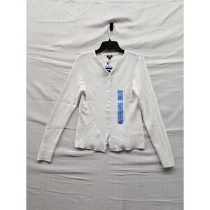 Express Womens Ribbed Cardigan Sweater White Viscose Blend Casual Size Large